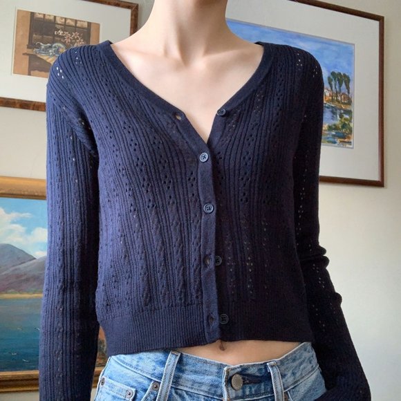 Brandy Melville Sweaters - Brandy Melville Women's Navy Blue Eyelet Shannon Cardigan Button Down Size S